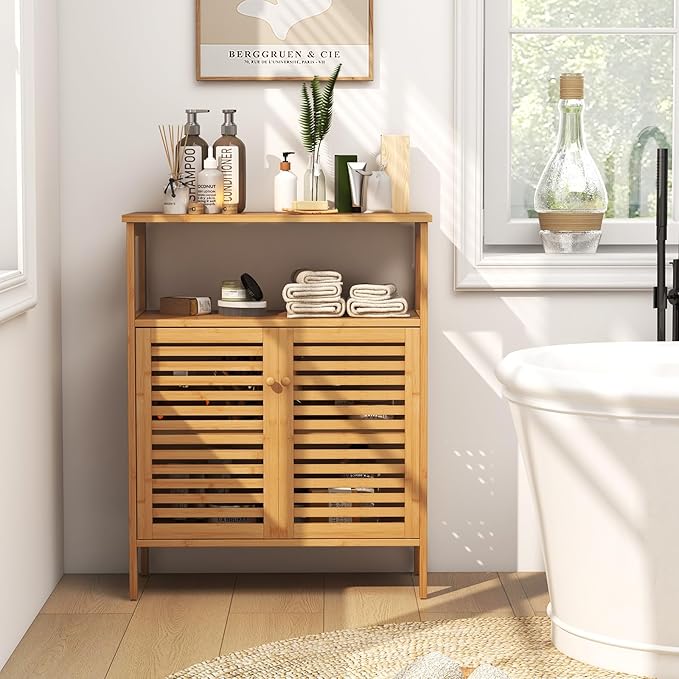 Tangkula Bamboo Floor Cabinet, Bathroom Storage Cabinet