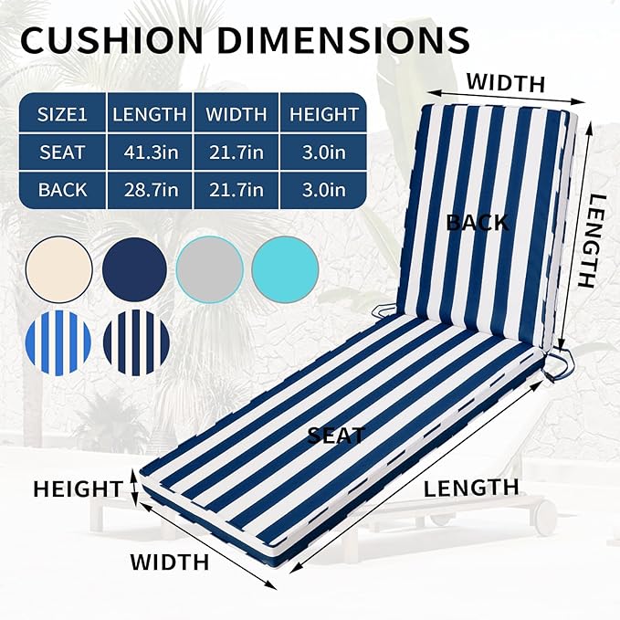 Outdoor Chaise Lounge Cushions for Patio, Waterproof Replacement Seat Cushions