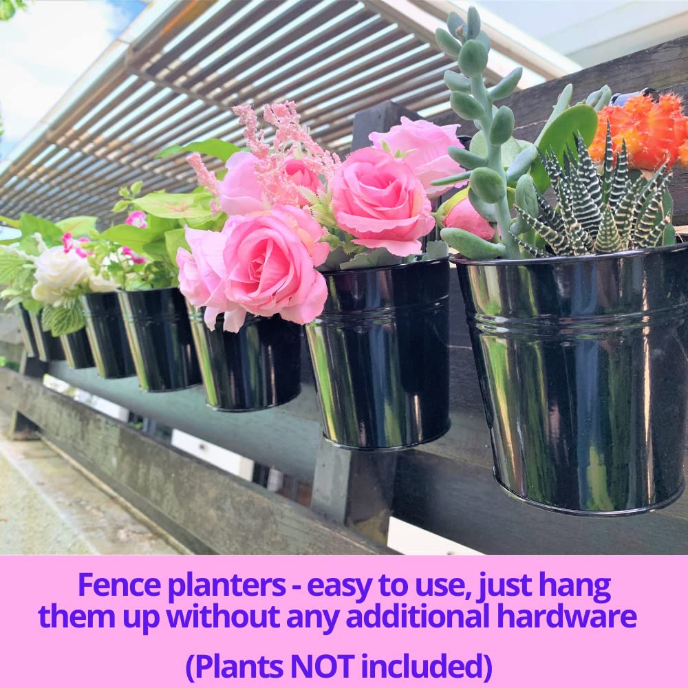 LaLaGreen Small Hanging Planters - 10 Pack, 4 Inch Black Metal Bucket Small Flower Pots for Outdoor Outside, Balcony Railing Hanging, Cute Garden Decor Rail Wall Farmhouse Rustic Deck Porch Succulent