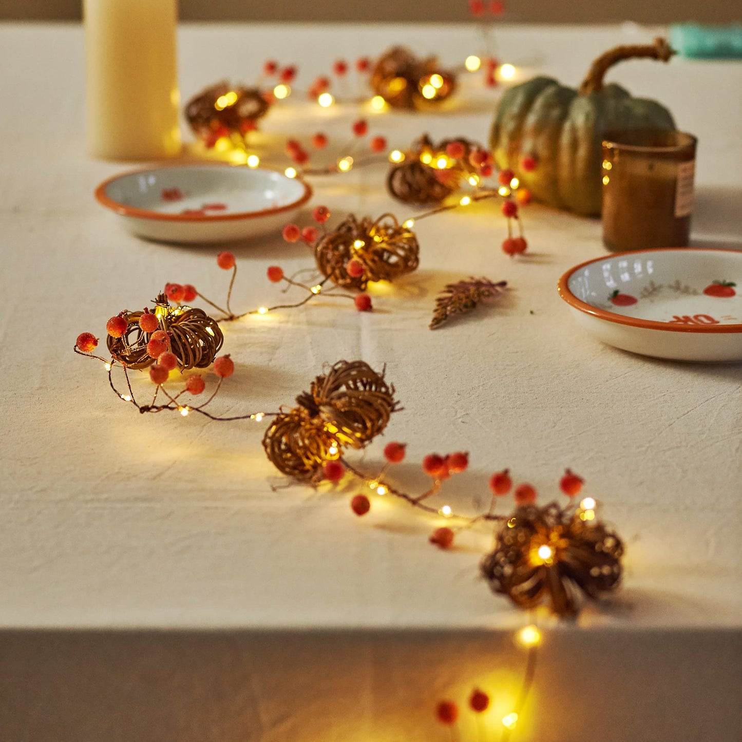 MIYA LIFE Nature Rattan Pumpkin Lights - 10FT 30 LED Cozy Fall Garland with Lights Battery Operated Charming Thanksgiving Decorations with Remote - Ideal Thanksgiving Garland Fall Decorations for Home