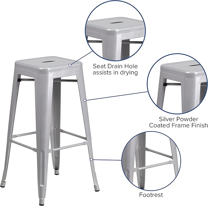 Flash Furniture Commercial Grade 30" High Backless Silver Metal Indoor-Outdoor