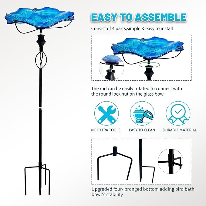 HONGLAND Bird Baths for Outside,11" Small Blue Glass Birdbaths Outdoor,Detachable Bird Feeder with Metal Stake for Garden Yard Patio Decor,32" Height