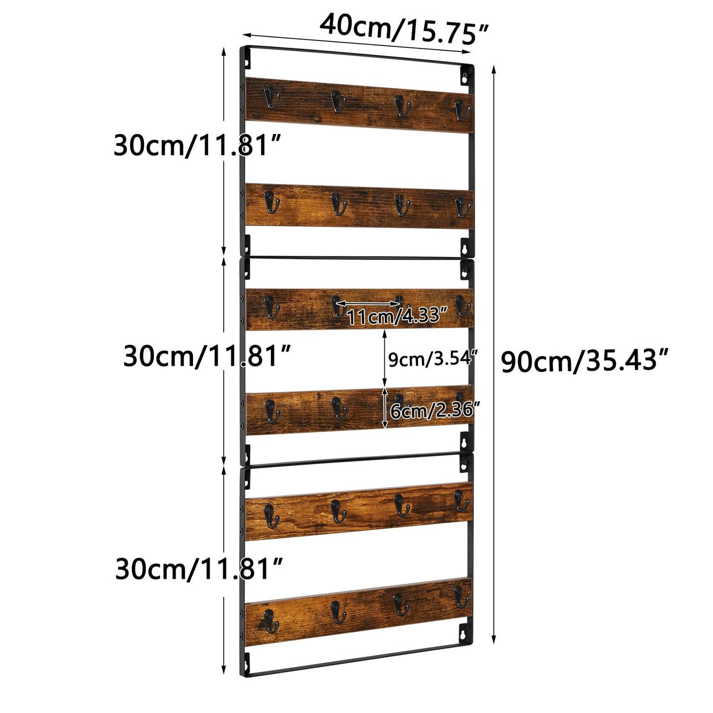 IBUYKE Mug Racks for Wall,Set of 3, 24-Hook Large Coffee Mug Holder Wall Mounted, Rustic Wood Coffee Mug Rack Display Organizer for Kitchen, Home,Bar, Coffee Station,Rustic Brown TBJ005H-3