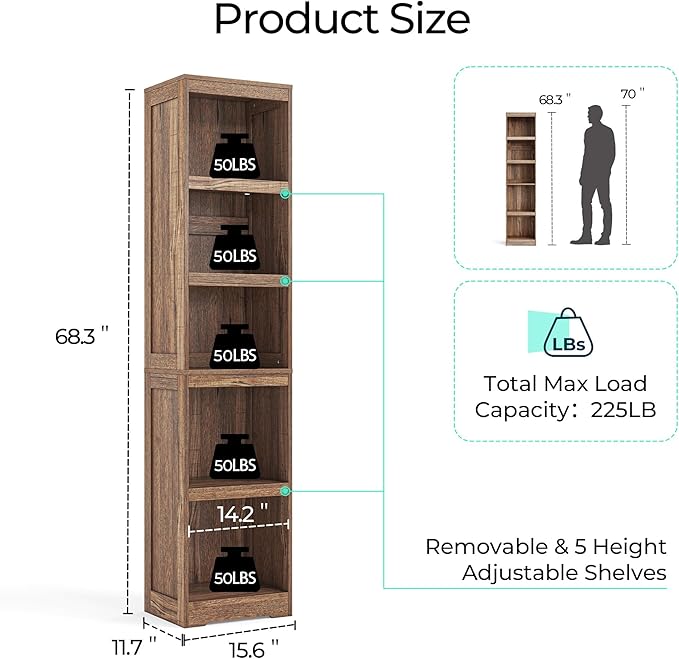 LINSY HOME 5-Shelf Bookcase, Narrow Bookshelves Floor Standing Display Storage