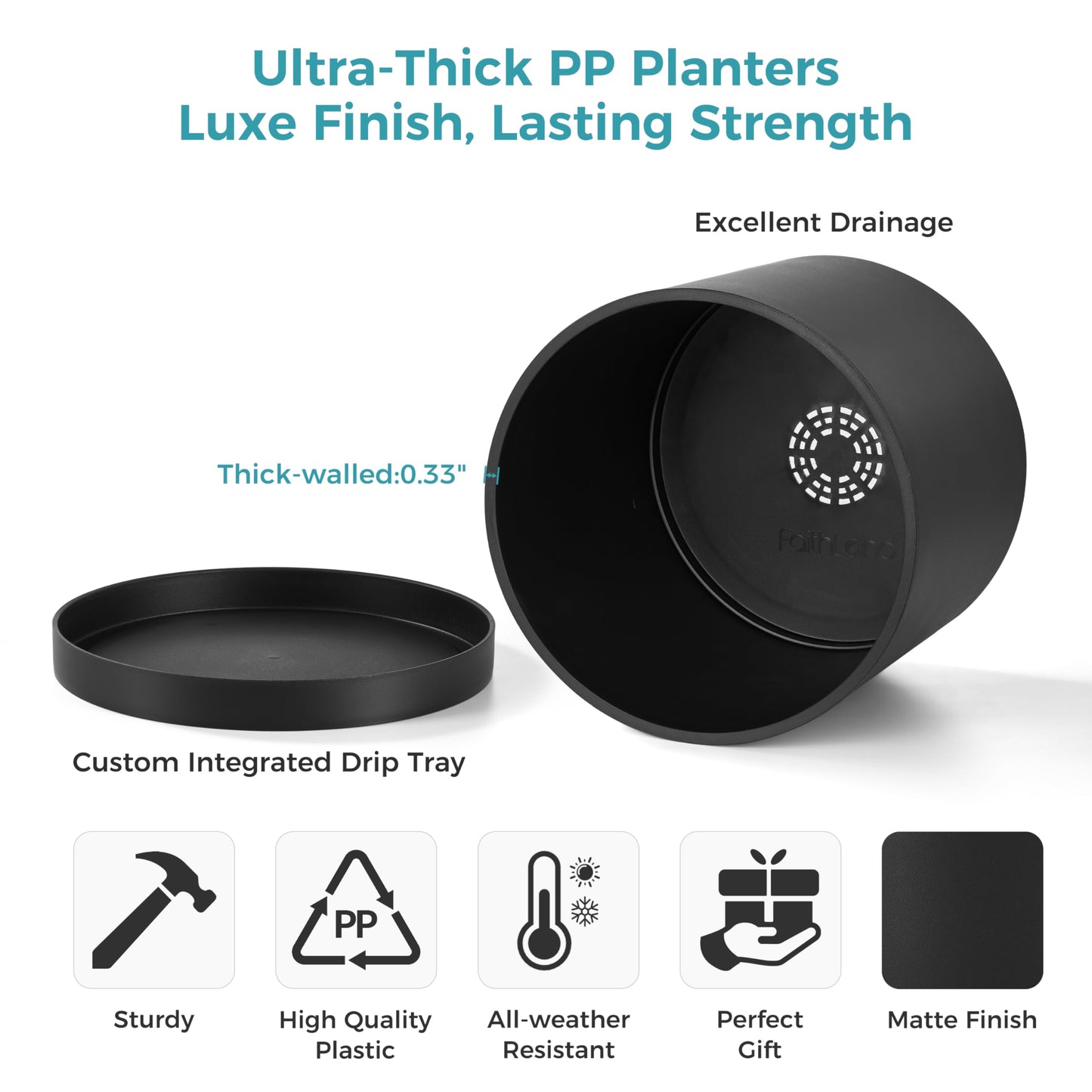 FaithLand 12-Inch Large Modern Cylinder Planter, Thick-Walled Plastic Plant Pot with Drainage Holes and Detachable Saucer, Matte Black, Ideal for Indoor & Outdoor Plants Flowers