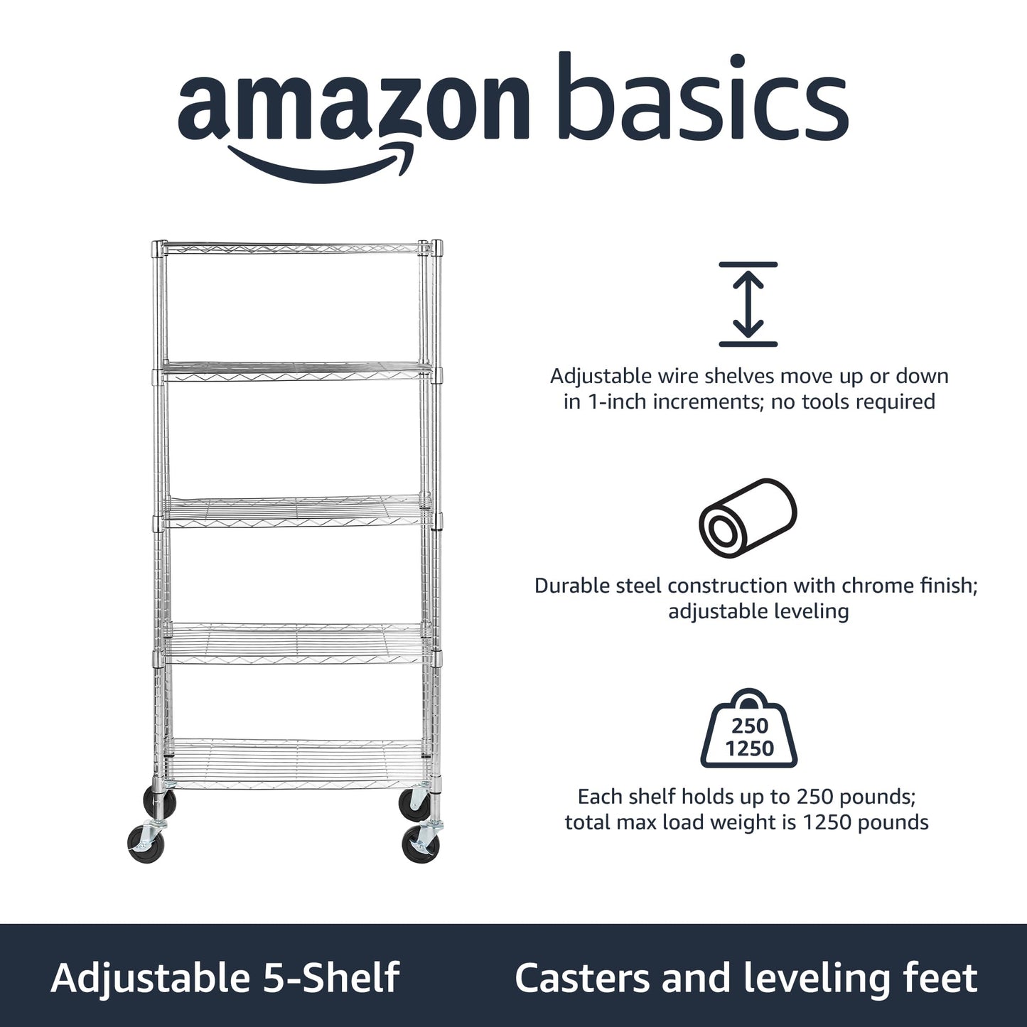 Amazon Basics 5-Shelf Adjustable, Heavy Duty Storage Shelving Unit on 4" Wheel Casters, Easy to Move Portable Wire Shelving, No Tools Needed for Easy Assembly, 30" x 14" x 64.8", Chrome