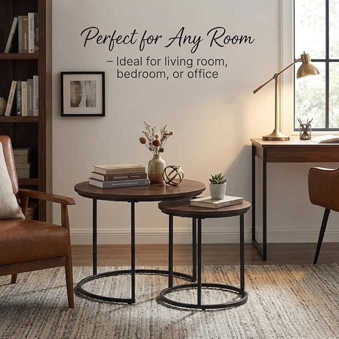 Round Nesting Coffee Table Set of 2, Modern Marble Pattern Wooden Nesting Tables