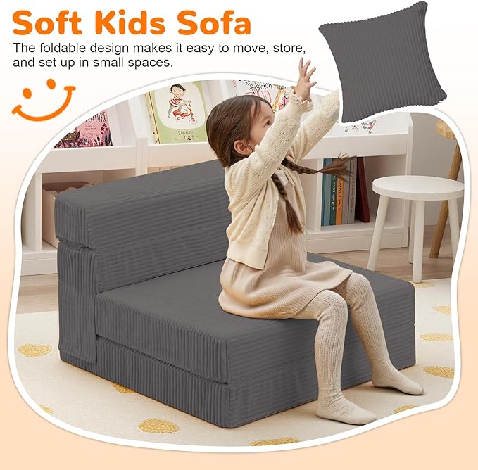 MeMoreCool Kids Folding Sofa Chair – Corduroy Floor Futon, Tri-Fold Mattress