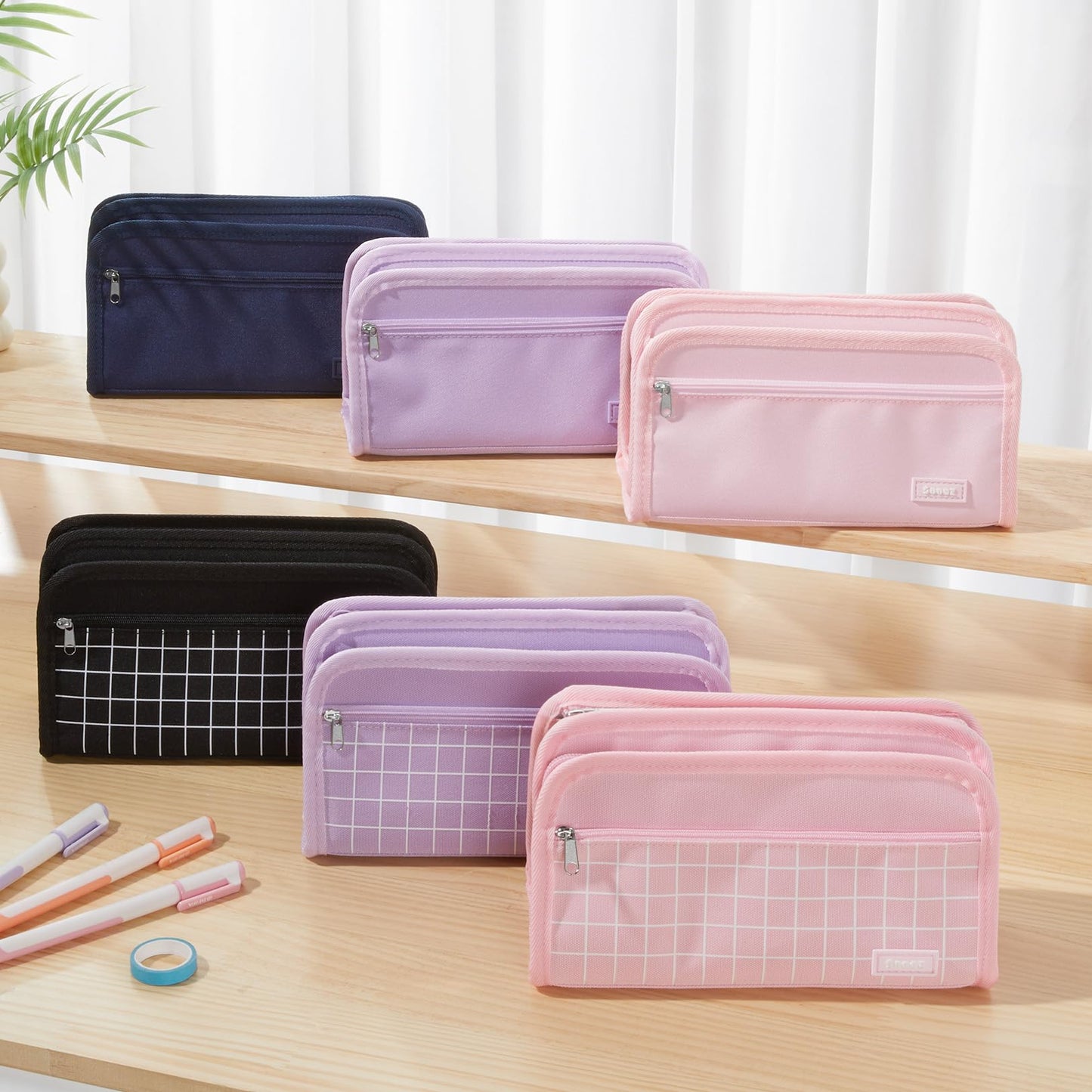 Sooez Large Pencil Case, Big Capacity Pencil Pouch Pen Bag with 3 Compartment, Portable Canvas Stationery Organizer with Zipper, Cute Aesthetic School Supplies for Teen Girls Boy, Pure Black