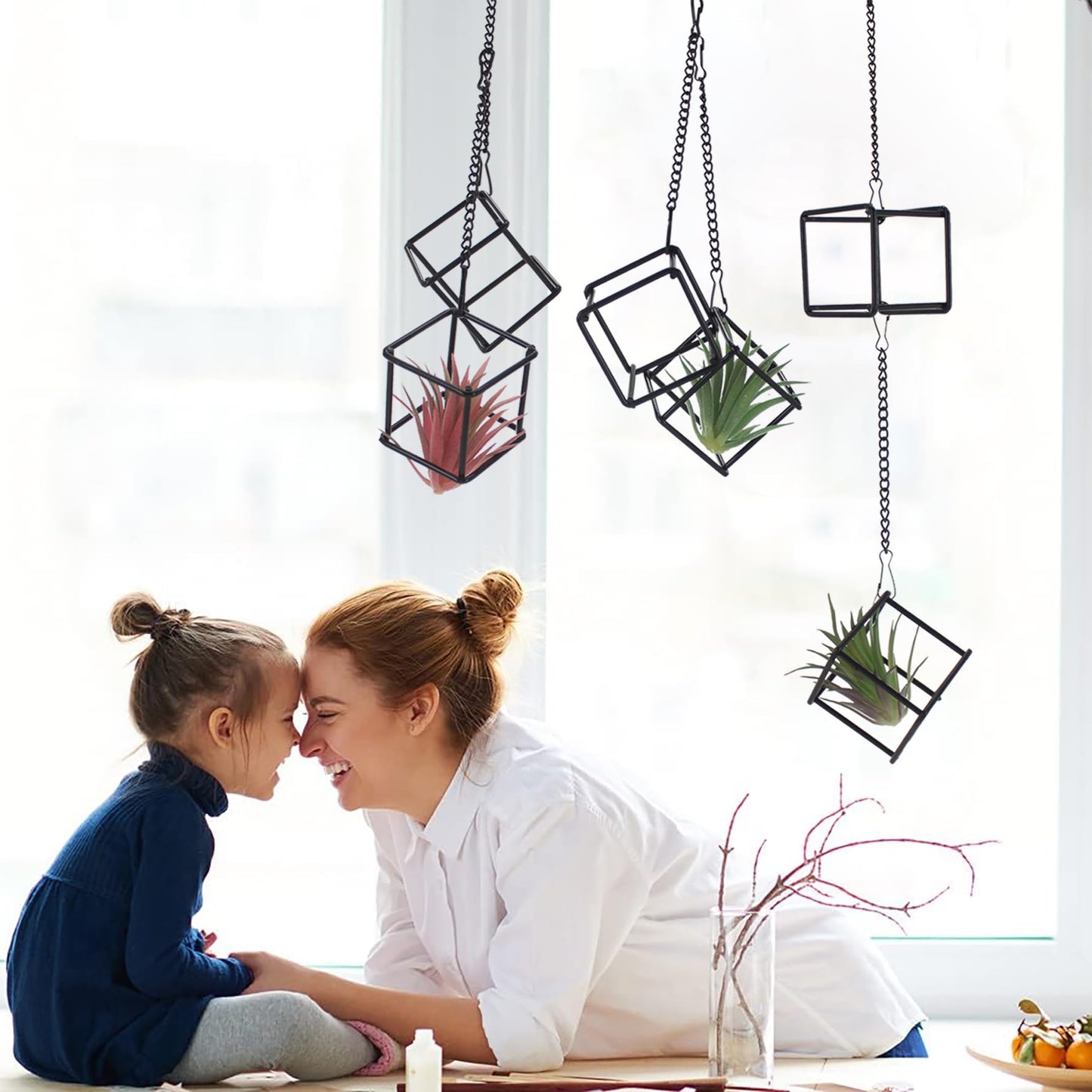 6 Pack Metal Hanging Air Plant Holders - Geometric Black Cube Tillandsia Hangers with Long Chains, Wall or Ceiling Mount for Small Air Plants, Home & Office Boho Decor (Individual or Combined Use)