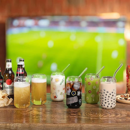 NETANY [ 8pcs Set ] Drinking Glasses with Glass Straw - 16oz Glass Cups, Beer Glasses, Iced Coffee Glasses, Cute Tumbler Cup, Ideal for Whiskey, Soda, Tea, Water, Gift - 2 Cleaning Brushes