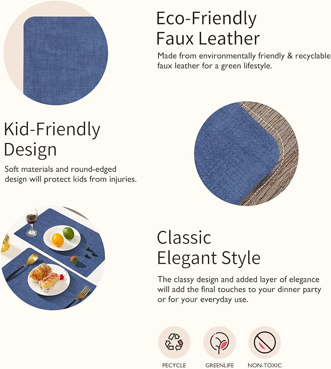 Maxpearl Faux Leather Placemats Set of 6 - Waterproof - Wipe Clean - Heat Resistant - Anti Slip Dining Table Place Mats, Suitable for Indoor & Outdoor Use, 17’’×12’’, Navy Blue