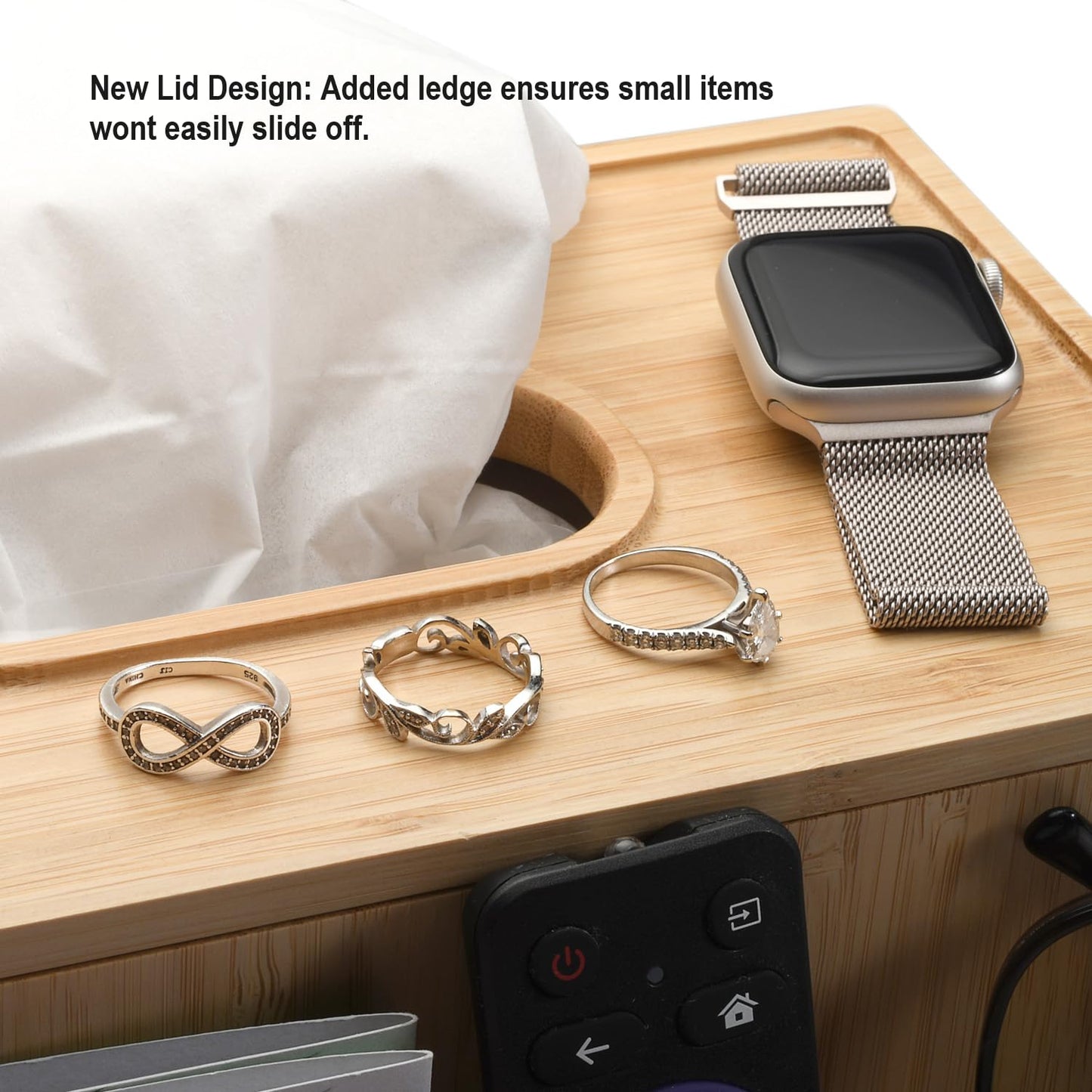 MobileVision Bamboo Tissue Box Holder & Tablet Stand Organizer for Bedroom & Desktop; compartments hold iPad Phones Remote Controls Reading Glasses Notepads & Pens