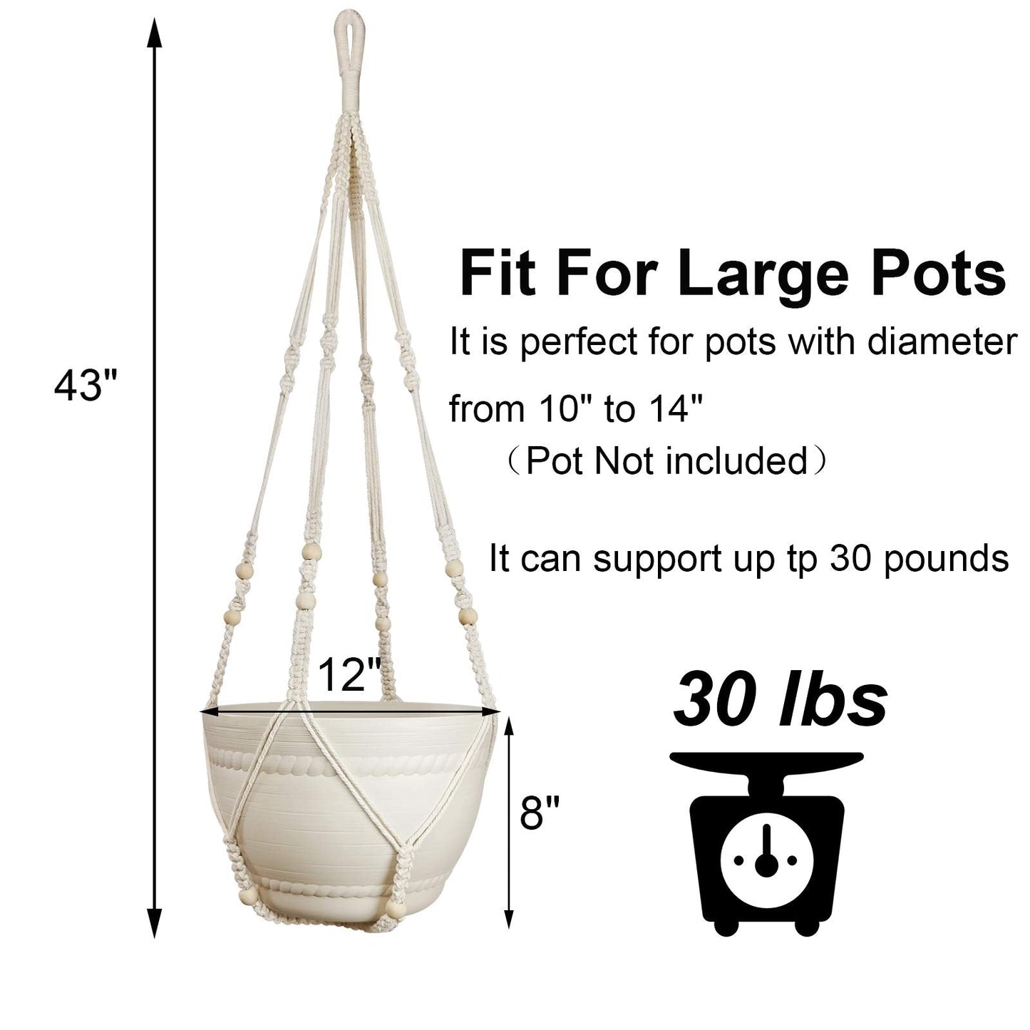 Bouqlife 43 Inches Macrame Plant Hanger Large for 14 inch Pot Extra Long No Tassel Cotton Rope Hanging Plant Holder with Ceiling Hook Bohemian Home Décor Beige 2Pack