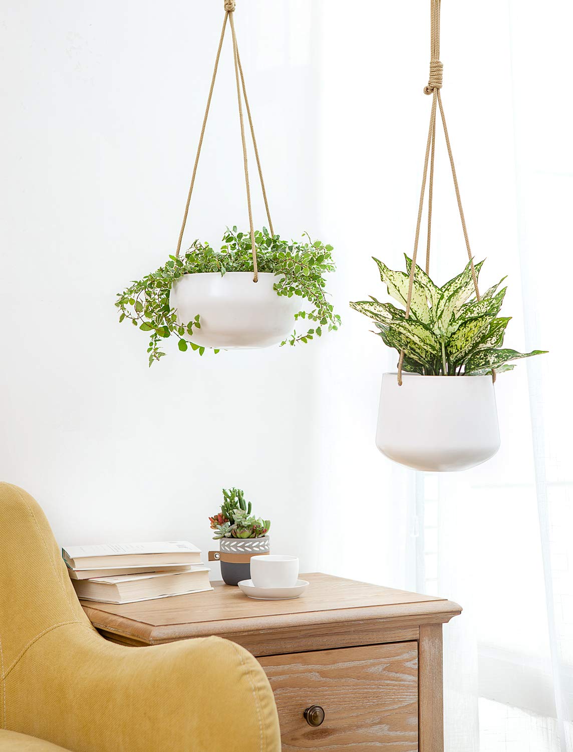Mkono Ceramic Hanging Planter and Ceiling Hooks, Shallow 8 Inch and Deep 6 Inch for Indoor Outdoor Plants, Set of 2 Modern Plant Pot Geometric Porcelain Hanging Basket with Polyester Rope Hanger