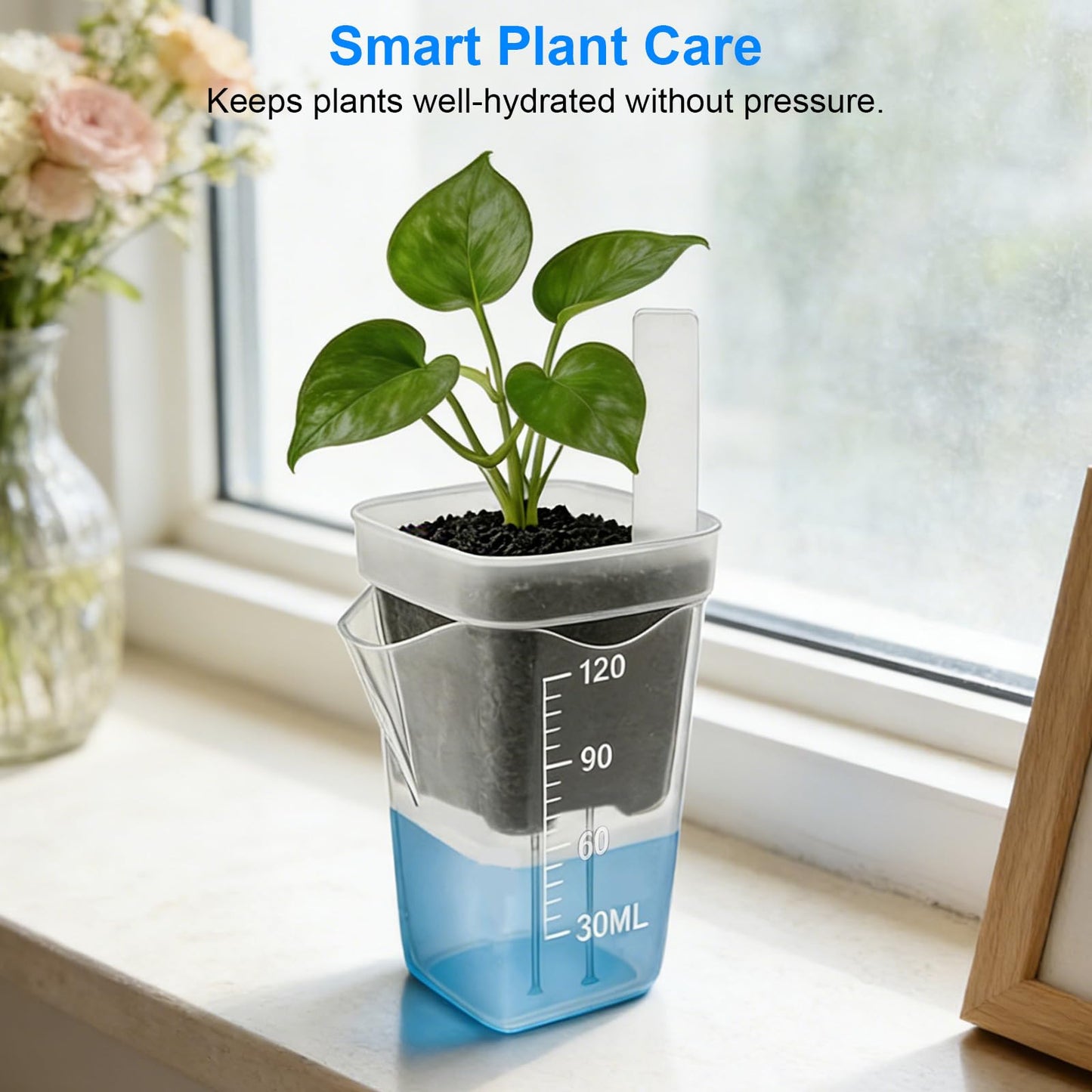 Fukaisu 12pcs 2in/5cm Self Watering Plant Pots with 12 Plant Labels, Small Clear Plastic Propagation Cups with Water Level Indicator & Drainage Hole for Seedlings Cuttings Succulents Herbs Vegetables
