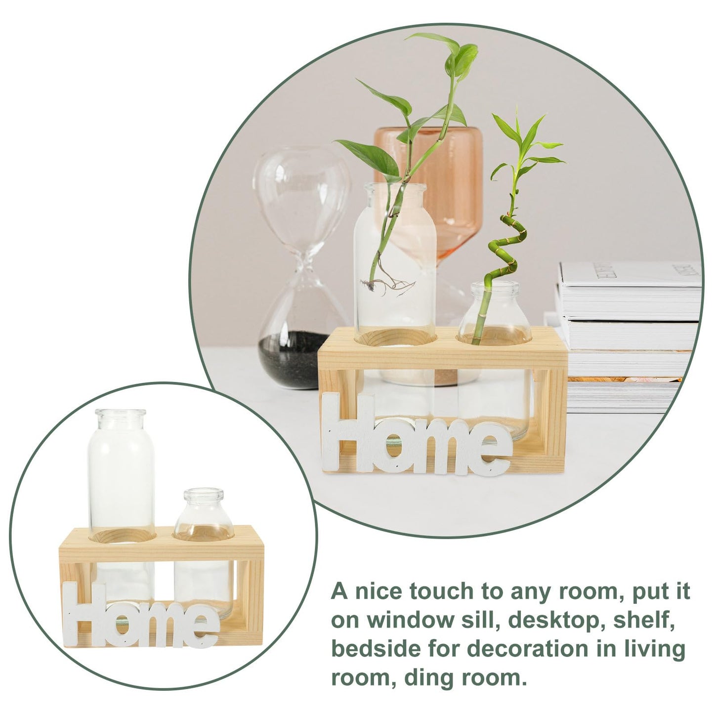 Hemobllo Glass Planter Bulb Vase with Wooden Rack, Nordic Style Hydroponic Flower Terrarium for Desktop Home Decor, Air Plant Holder Set of 2