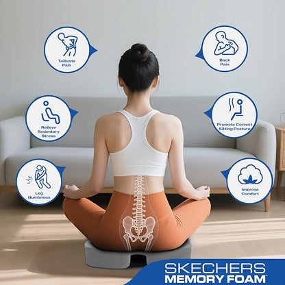 Skechers Seat Cushion, Ergonomic Memory Foam Cushion for Long Sitting Hours on Office & Home Chair, Car Seat Cushion for Sciatica, Coccyx Cushion,Gray