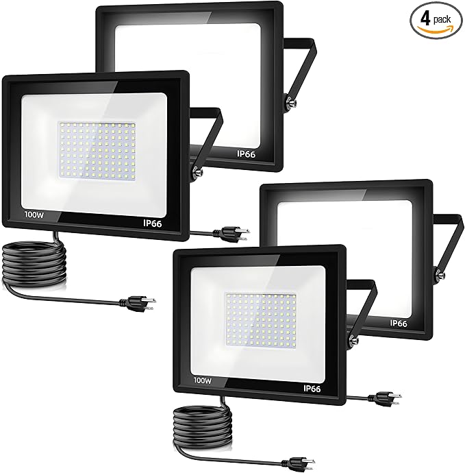 4 Pack-100W LED Flood Light Outdoor,11000LM LED Work Light with US Plug,6000K Daylight White,IP67 Waterproof Outdoor Floodlights for Yard,Garden,Playground