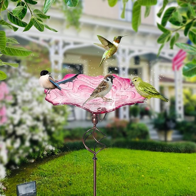 HONGLAND Bird Baths for Outside,12" Small Pink Glass Birdbaths Outdoor,Detachable Bird Feeder with Metal Stake for Garden Yard Patio Decor,32" Height