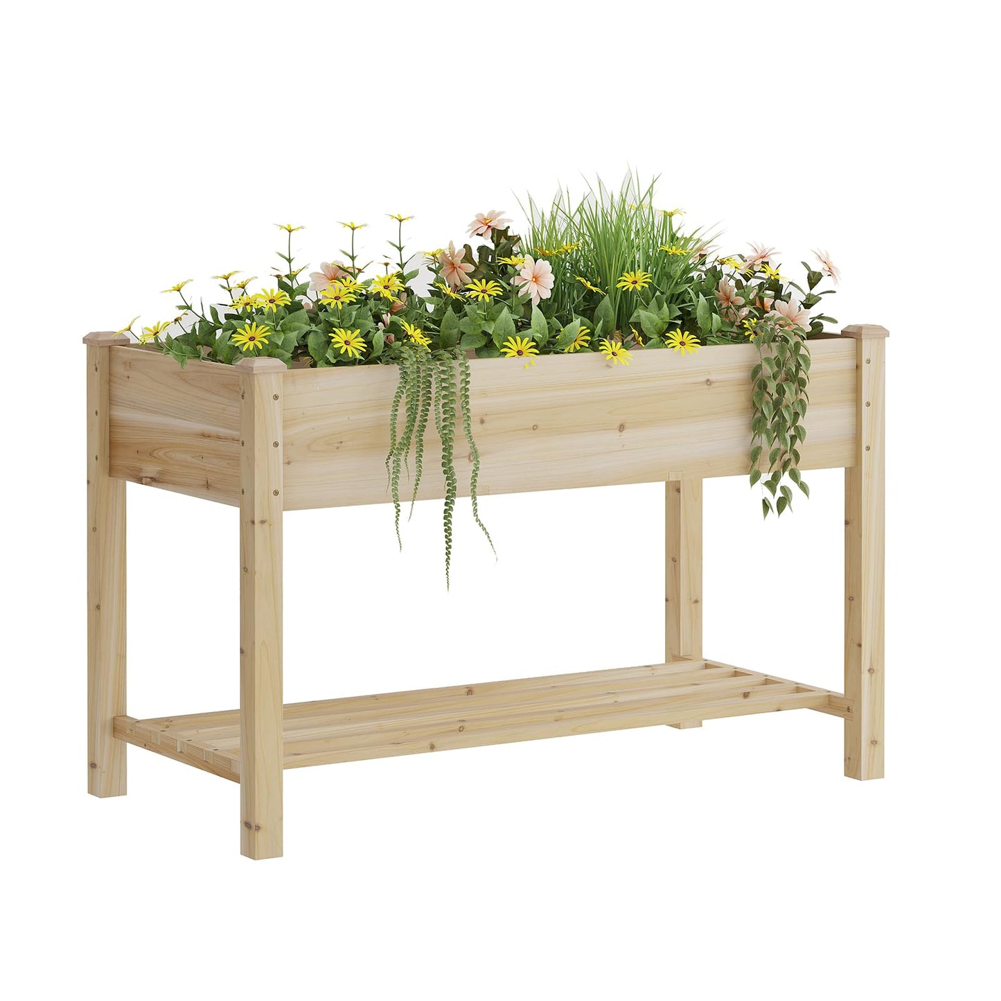 48x24x30.7 Wood Raised Garden Bed with Legs Wooden Planter Box with Storage Shelf Elevated Wood Planter Box for Vegetables Flowers Herbs Garden Planter for Backyard Patio Balcony (Natural, Medium)
