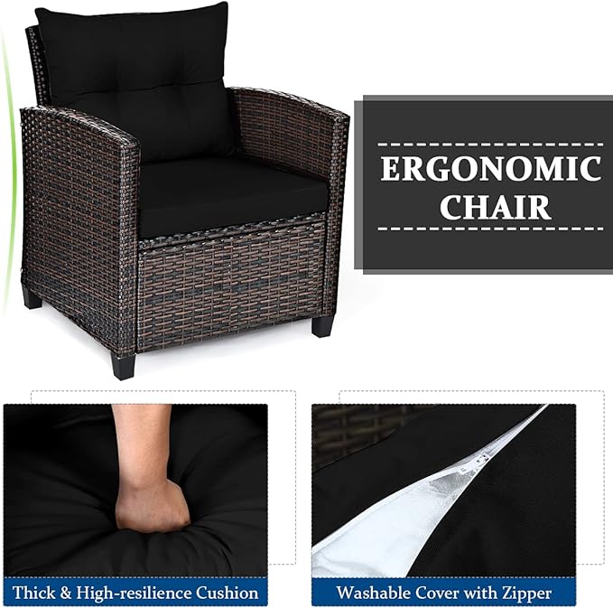COSTWAY 3PCS Patio Furniture Set, PE Rattan Wicker Sofa w/Washable Cushion and