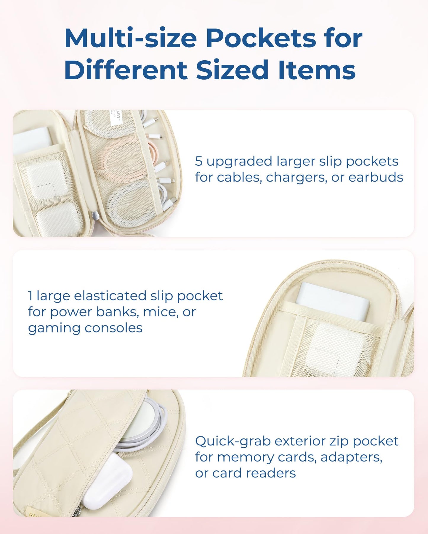 BAGSMART Cord Organizer Travel Cable Bag, Compact Tech Electronic Organizer Travel Case, Essentials for Charger, Cable, Phone, Flash drive - Beige