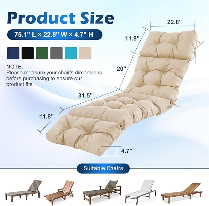 Chaise Lounge Cushions Outdoor, Waterproof & Fade Resistant Patio Lounge Chair