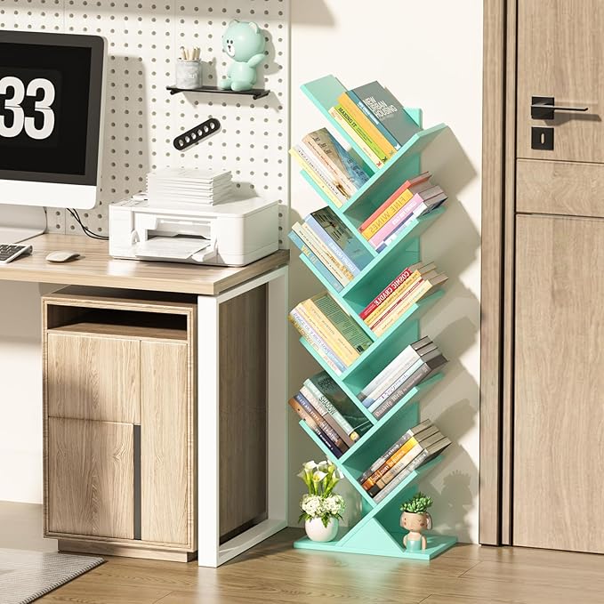 SHEEPAM 10 Tier Tree Book Shelf, Floor Standing Wood Bookshelf