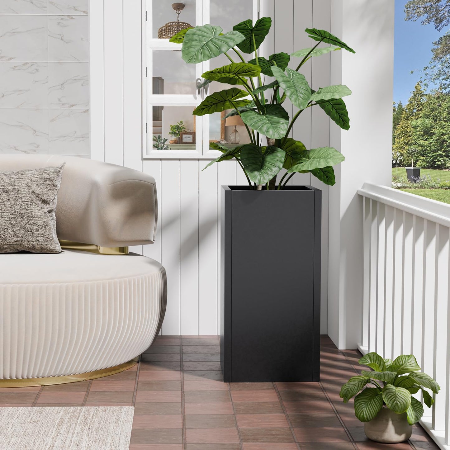 Diyfire Tall Metal Planters Box for Outdoor Plants - 23.6" Modern Steel Tall Square Planter with Removable Insert Shelf, Heavy Duty Pedestal Planter Front Porch Decor Patio Garden Office, Black