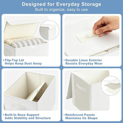 Bagnizer Large 22 Quart Linen Fabric Foldable Storage Bin Cube Organizer Basket with Flip-Top Lid & Handles, Clothes Blanket Box for Home, Office, Closet, White, 4 Pack 14.6 x 9.5 x 9.5”