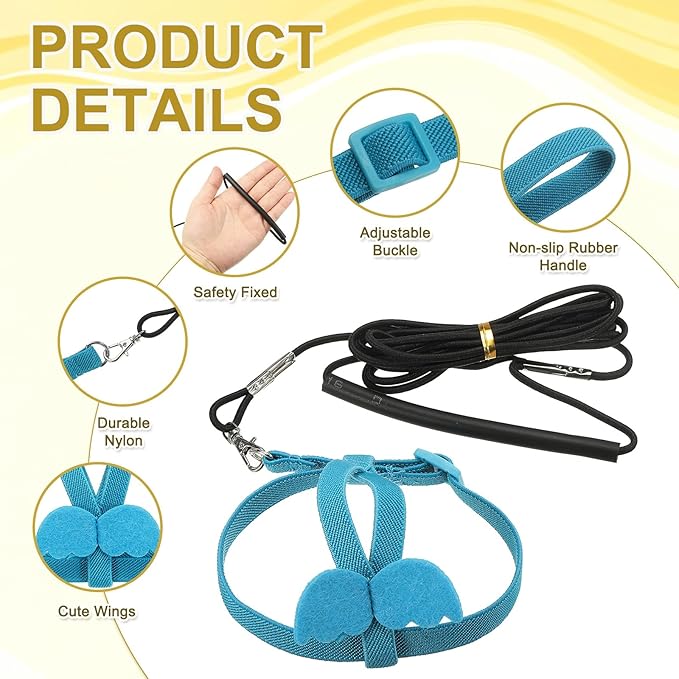 Bird Harness Leash, Adjustable Pet Parrot Bird Harness and Leash Lightweight Anti-Bite Flight Training Rope with Cute Wing, (Blue, XS), Intended for Parrots/Pigeons/Budgies