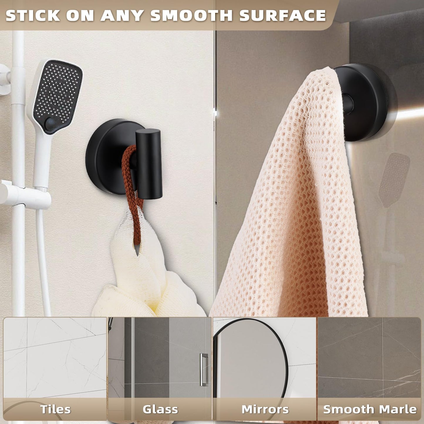 Fenas Suction Cup Hooks for Shower - Bathroom Reusable Hooks for Towels, Robes & Loofah - No-Drill Mounting on Kitchen,Walls,Metal,Glass,Mirrors,Tile & Smooth Non-Porous Surfaces (2, Matte Black)