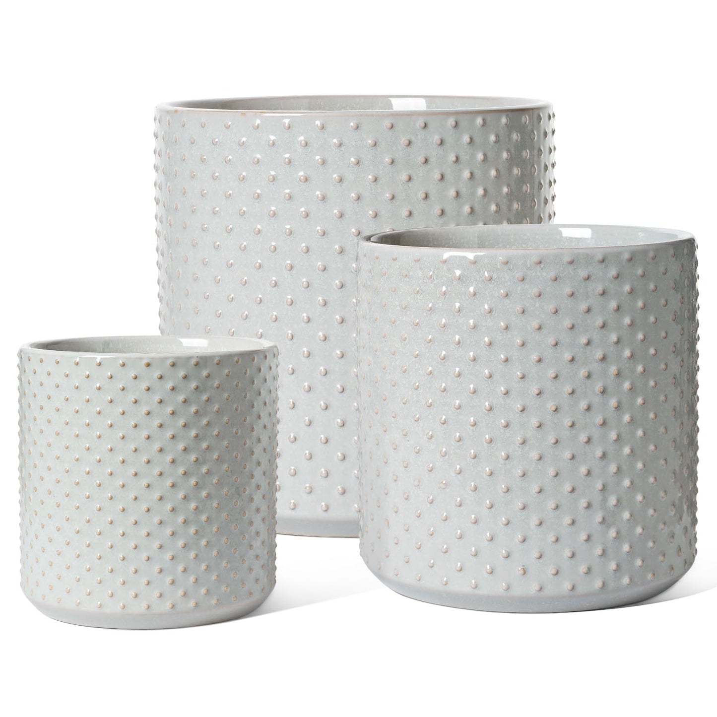 LE TAUCI Ceramic Pots for Plants, 10/8/6 Inch Indoor Planters with Draiange Hole, Silicone Plug & Mesh Pad, Modern Rasied-Dots Pots for Home Office, Set of 3, Glossy, Star Gray