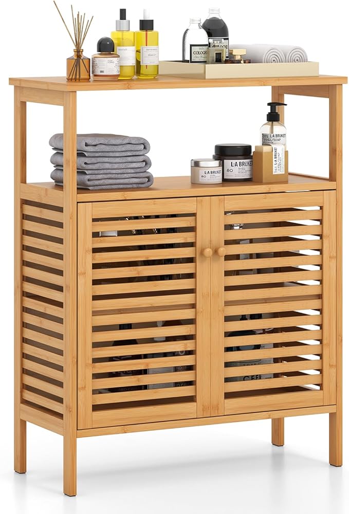 Tangkula Bamboo Floor Cabinet, Bathroom Storage Cabinet