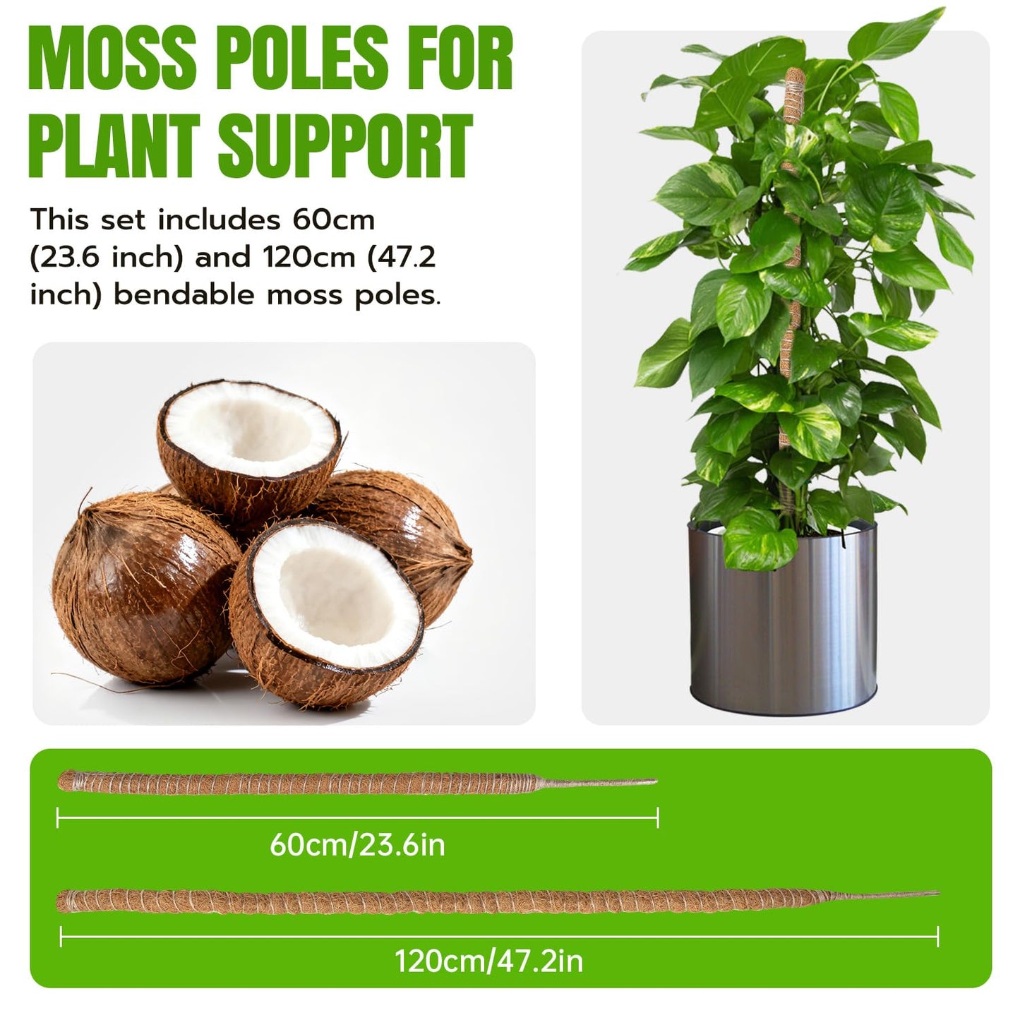 Mcbazel 2 Pack Bendable Moss Pole Kit (47" & 23") for Plants Monstera - Mixed Size Coco Coir Plant Support Stakes for Tall & Medium Indoor Vines - Flexible Totem Stick with Full Garden Ties