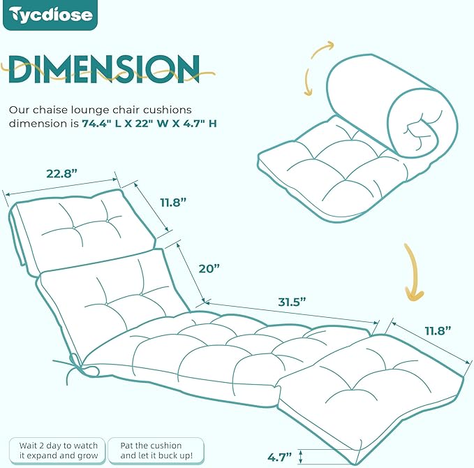 Outdoor Chaise Lounge Chair Cushion Waterproof 74.4 x 22 x 4.7 Inches Memory