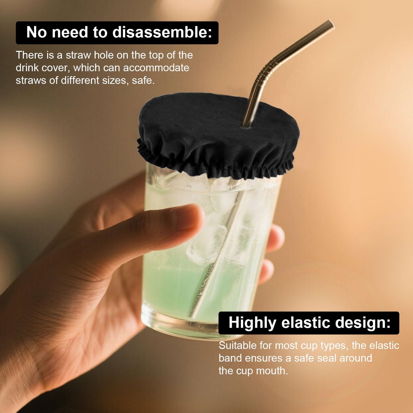 50pcs Drink Covers, Polyester Elastic Stretchable Washable Drink Protector with Straw Hole Bottle Protection Accessories Fits Most Cups for Bar Club Party (Black)