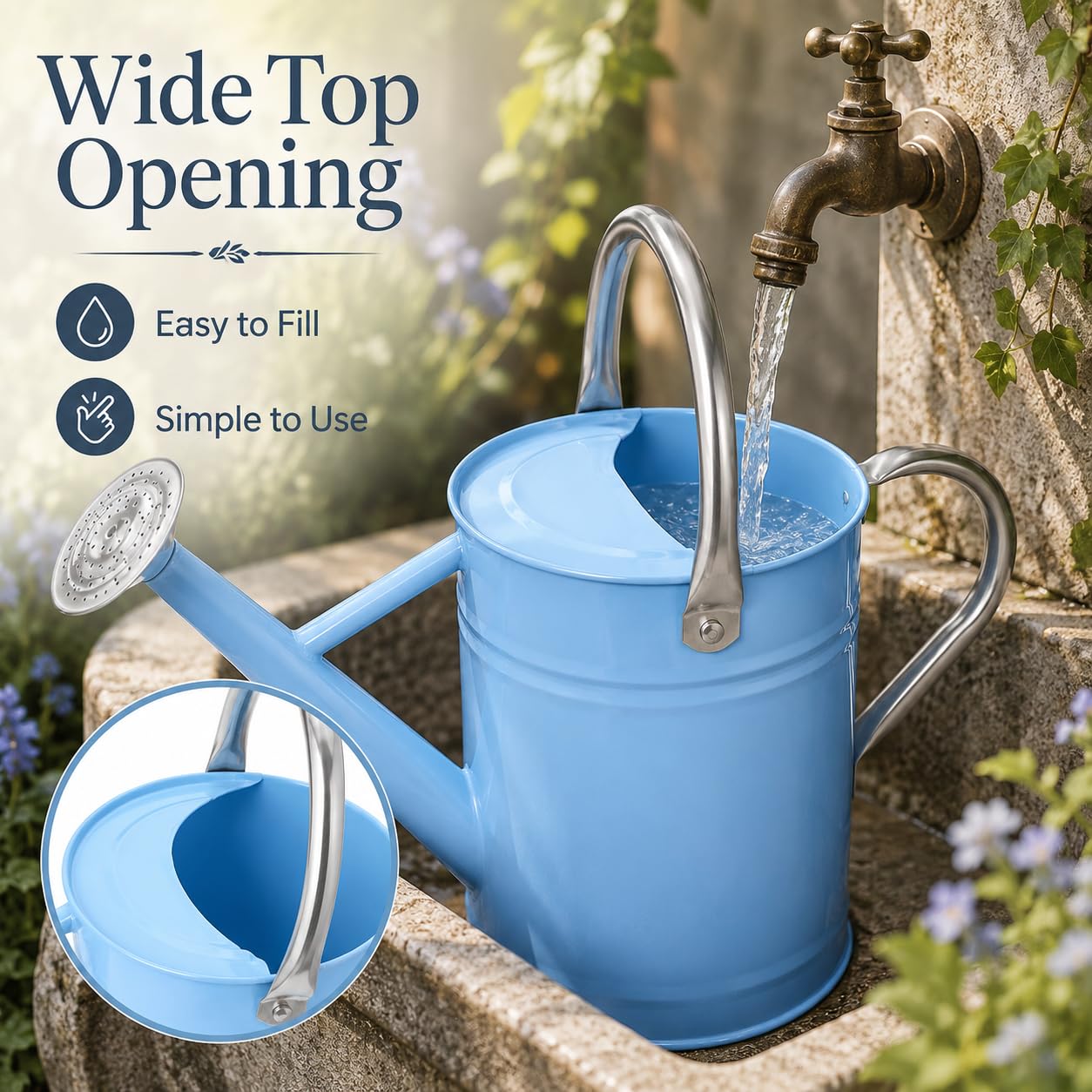 1 Gallon Metal Watering Can for Indoor Outdoor Plants, Galvanized Steel Watering Can with Removable Spout, 2 Stainless Steel Handles, Garden Flower Watering Pot