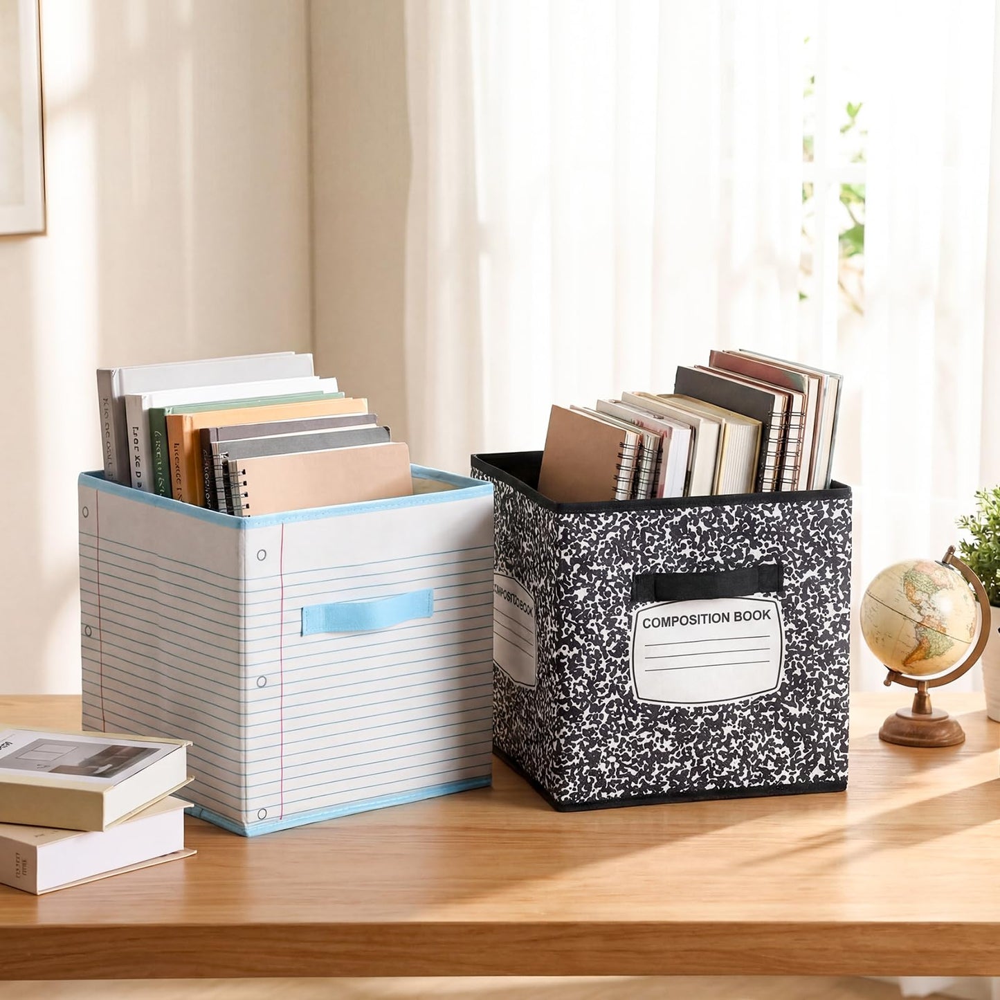 Briwooody 6 Pcs 11 Inch Composition Book Classroom Fabric Storage Bins Cube Classroom Must Have Cubby Basket Bin Notebook School Collapsible Storage Treasure Prize Box for Daycare Elementary Preschool