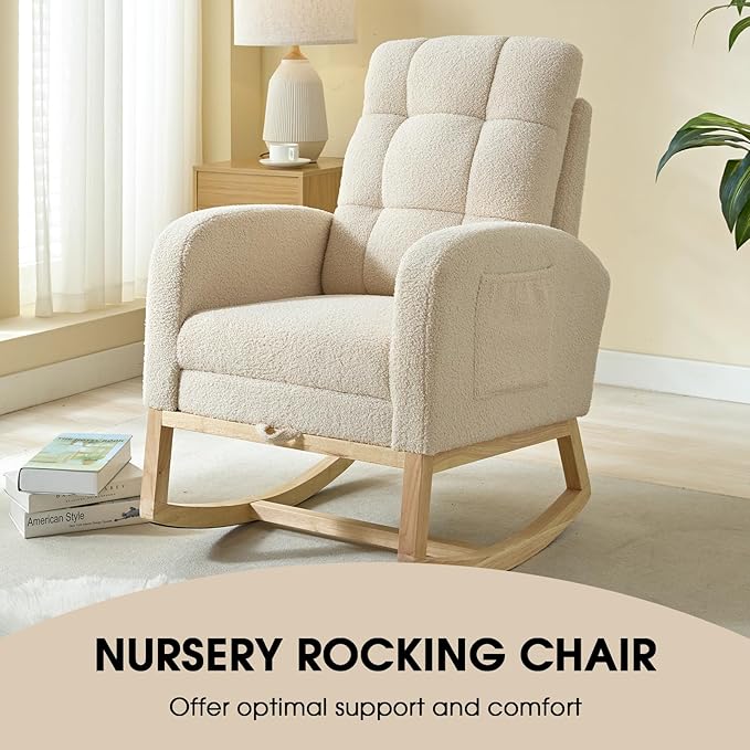 NIOIIKIT Modern Nursery Rocking Chair, Teddy Upholstered Rocking Chair