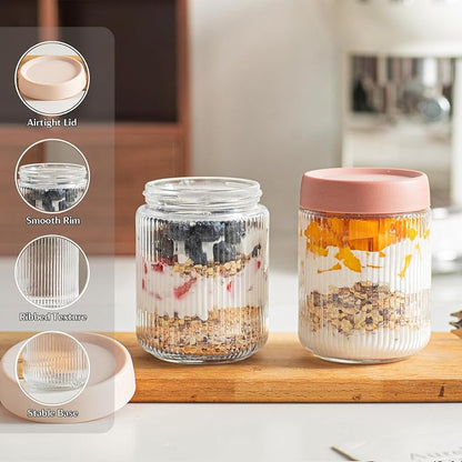 INSETLAN 16oz Glass Overnight Oats Containers with Lids – 6 Pack, Ribbed Glass Mason Jars for Meal Prep, Glass Food Storage Containers for Chia Pudding, Yogurt, Snacks, Fruit & Vegetables, Milk