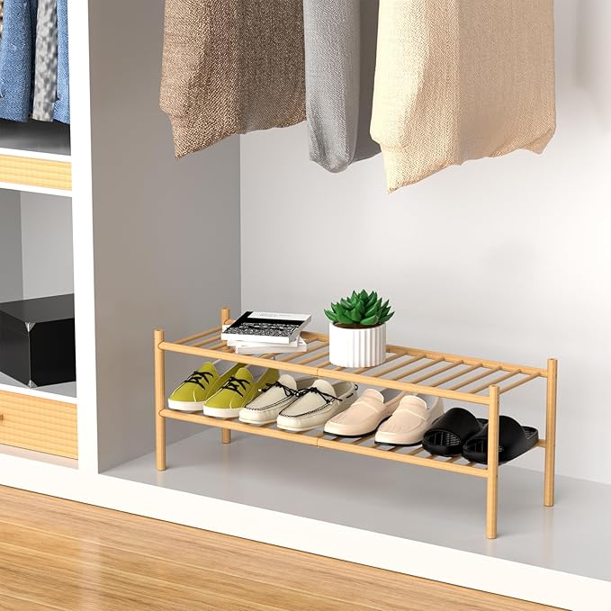 ROMGUAR CRAFT 2-Tier Bamboo Long Shoe Rack, Free Standing Wood Shoe Shelf