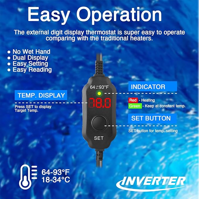 Aquarium Heater 50W, Submersible Fish Tank Heater with LED Digital Display, Auto Power-Off When Leaving Water & High Temp Protection, for Fresh and Salt Water Tanks 5-10 Gal