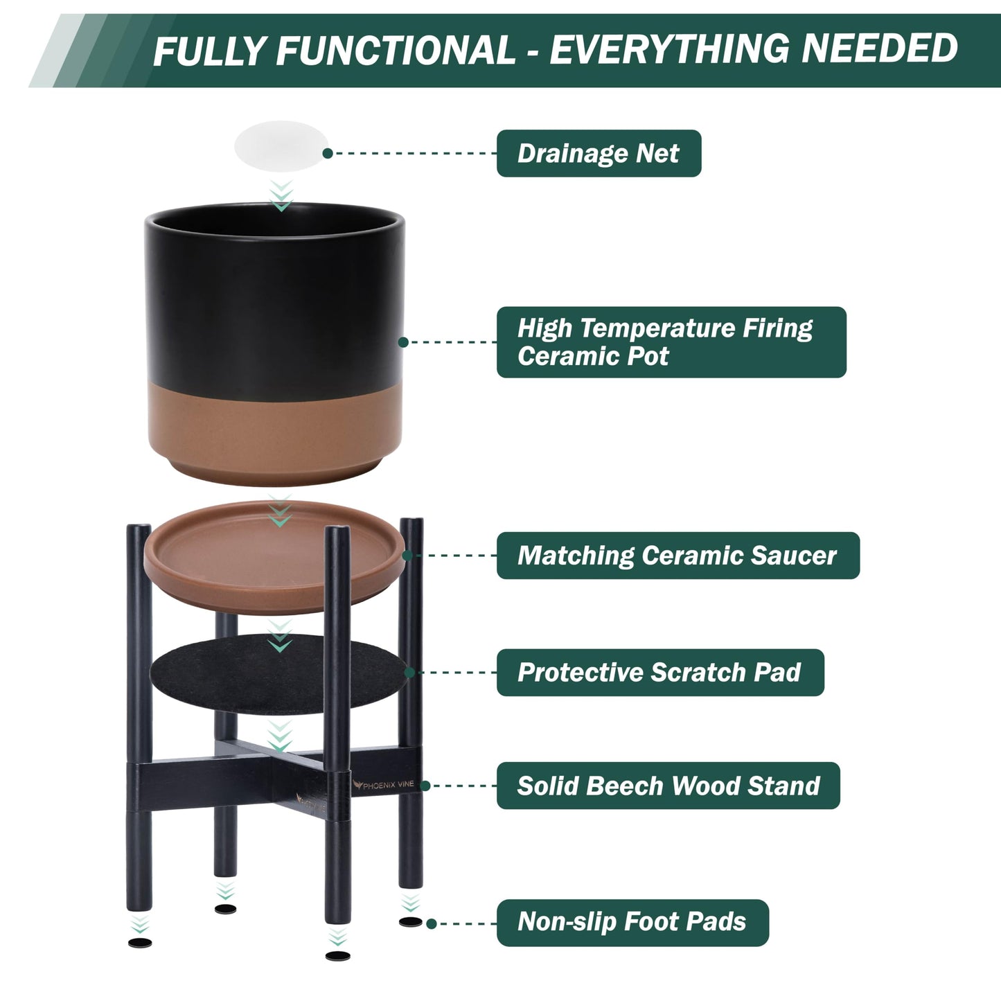D'vine Dev Ceramic Planter with Ebony Stand - 10 Inch Modern Round Flower Pot with Wood Planter Holder, Black/Speckled Tan, 55-B-L-7