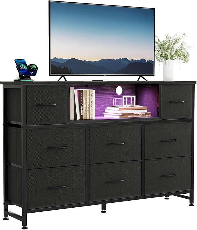 DUMOS TV Stand Dresser with 8 Fabric Drawers and Open Shelves, LED