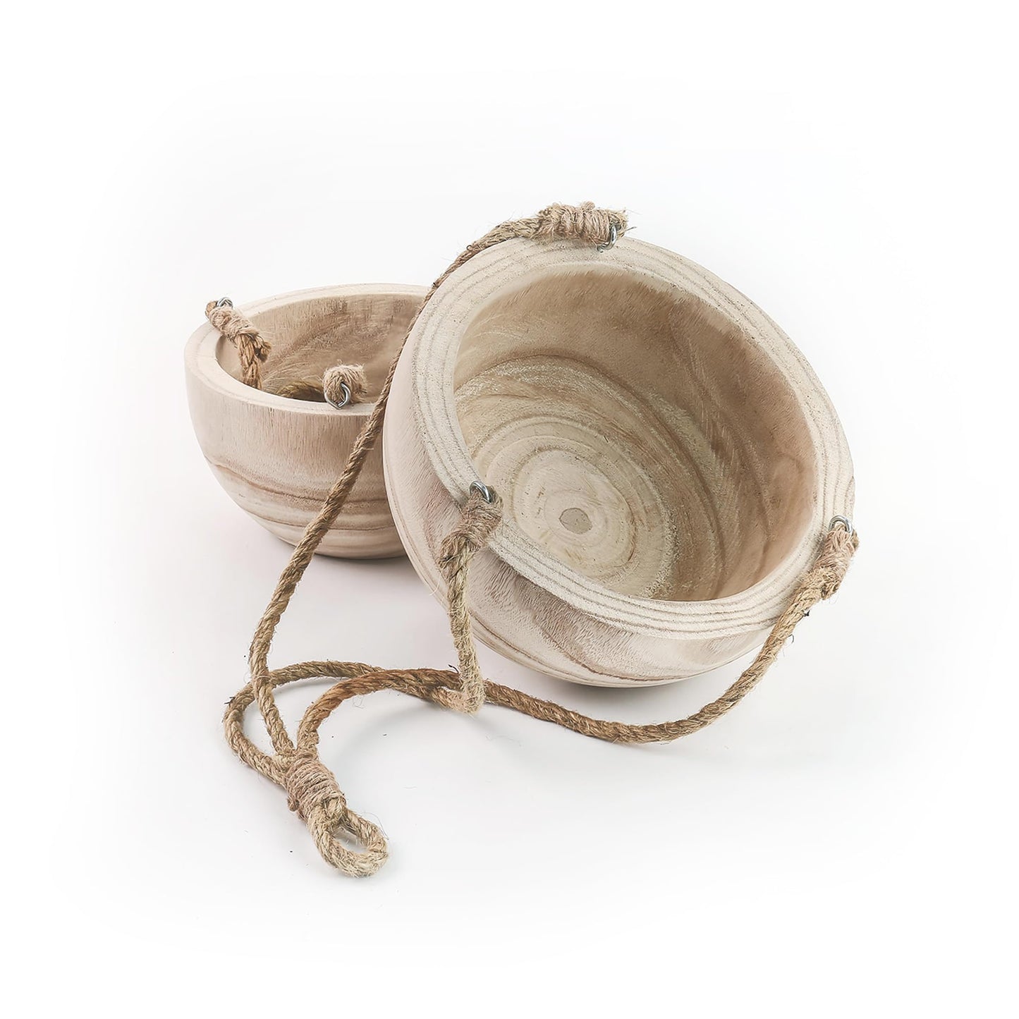 CYS EXCEL Meduim Wooden Hanging Planter Paulownia Wood Bowl Basket with Jute Rope for Indoor Plants Succulents