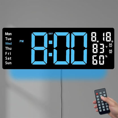 17.5 Inch Blue LED Digital Wall Clock with 8 Ambient Light Colors｜Displays Time,Date,Day,Temperature&Humidity,Dual Alarms,Countdown&Stopwatch,DST,10-Level Auto/Manual Brightness｜Modern Silent Clock