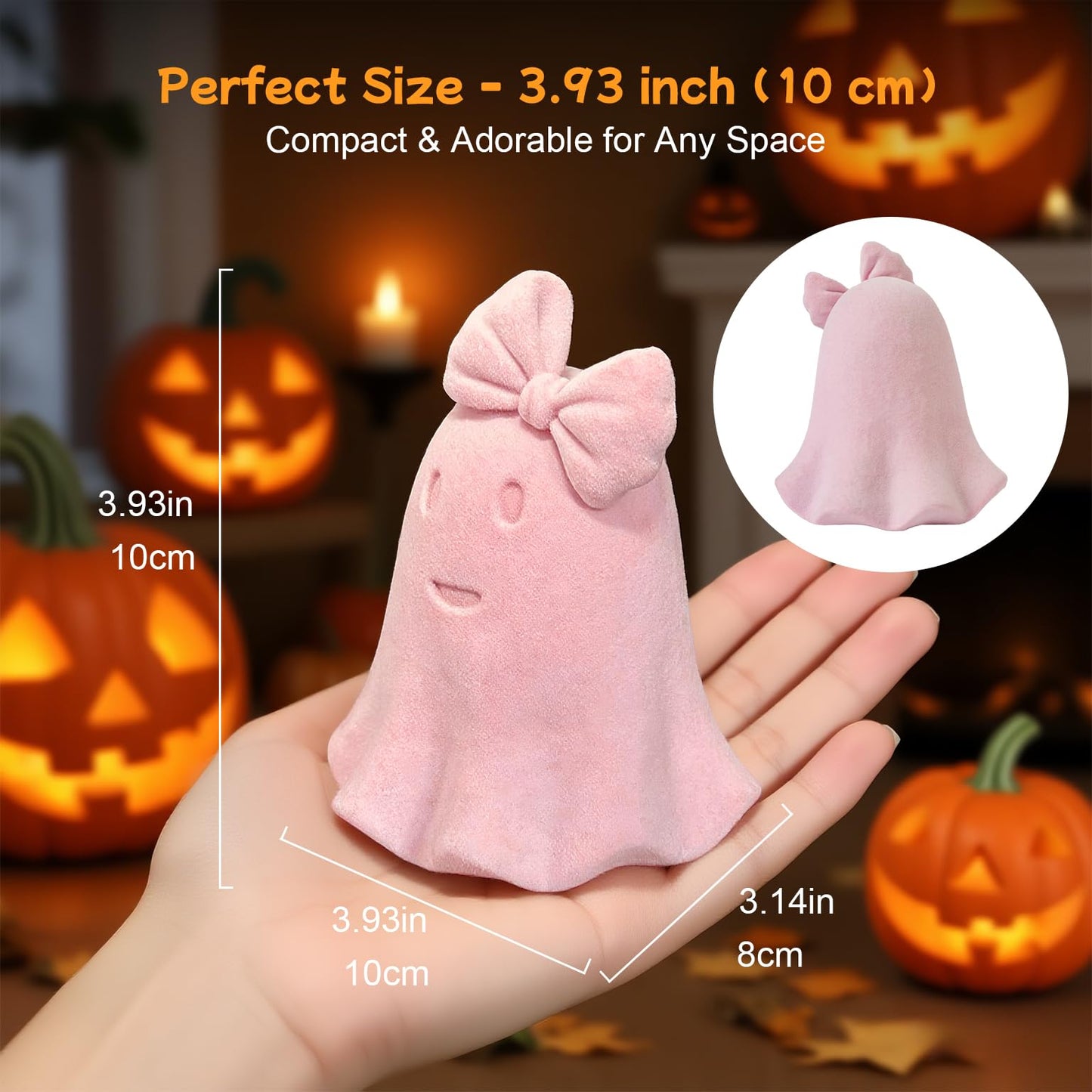 Cute Pink Ghost Ceramic Statues with Flocked Surface, Small 3.93 Inch Ghost Figurine Home Decor Modern Style Figurine Decorative Ornaments for Living Room, Bedroom, Office Desktop, Cabinets - Pink Bow