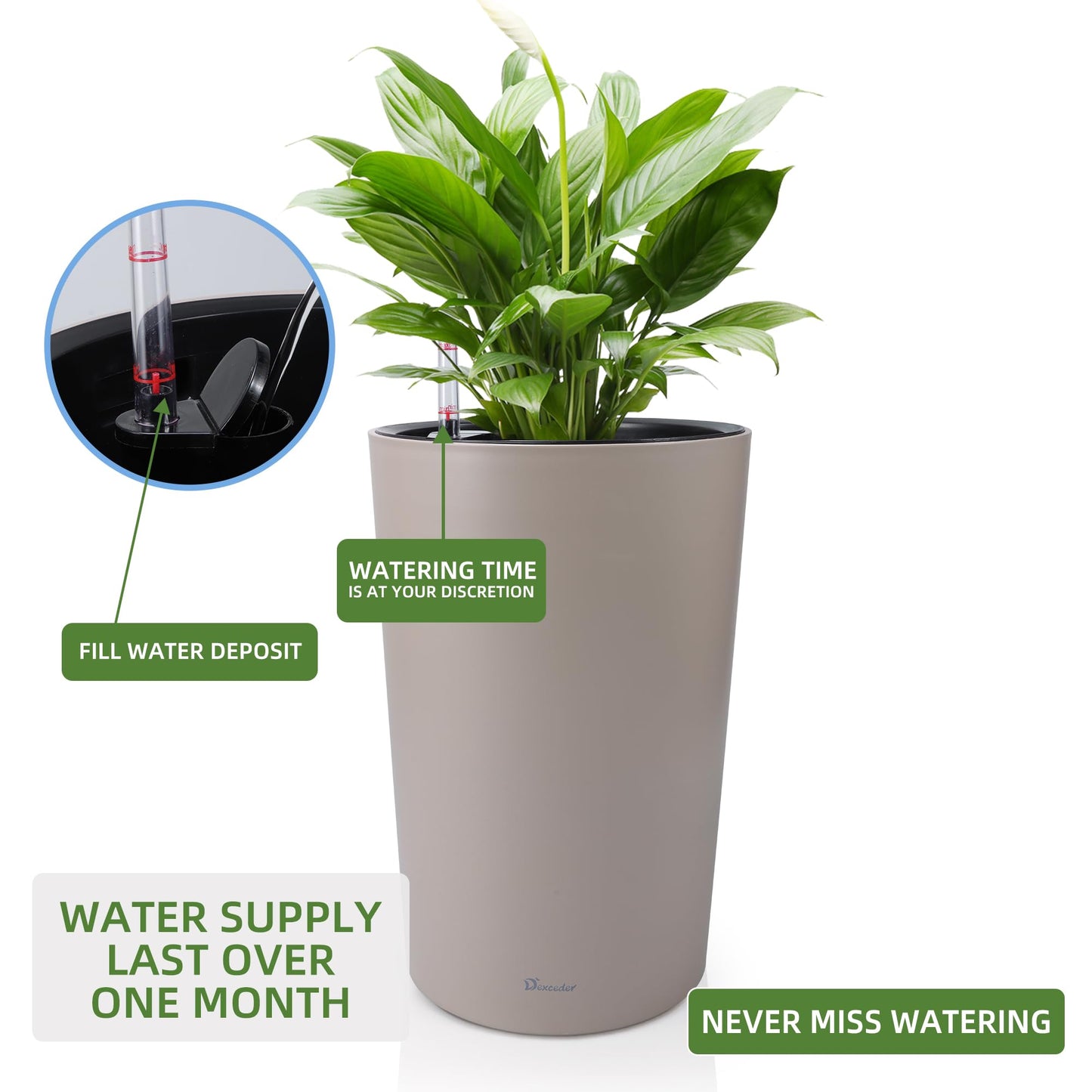 Dexceder 16x12 Tall Self Watering Planter High Cylinder Indoor Outdoor, Thickened Large Floor Standing Flower Plant Pot with Water Level Indicator (Taupe Matte)